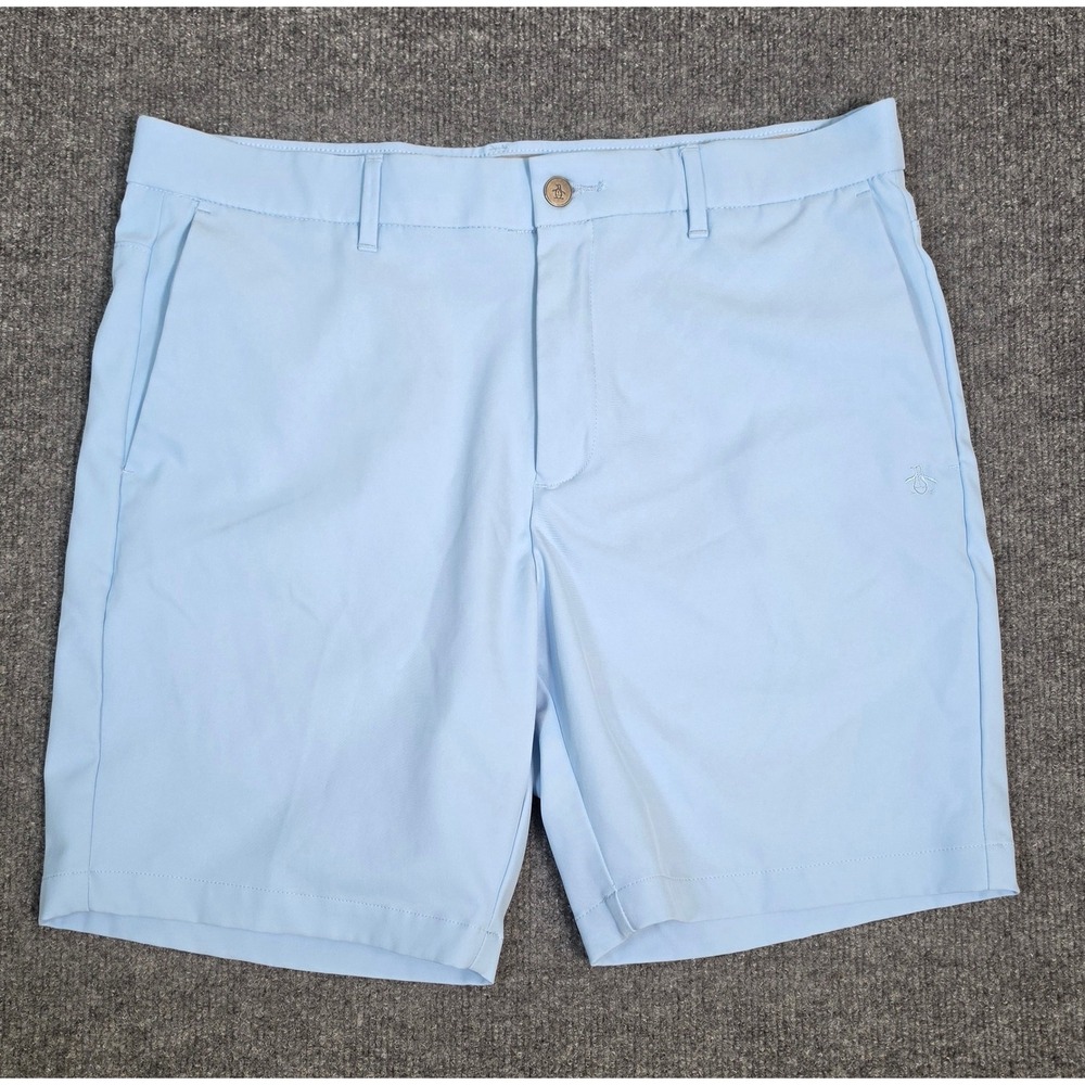 Original Penguin Mens Golf Shorts Light Blue Size 34 Stretch Flat Front Logo